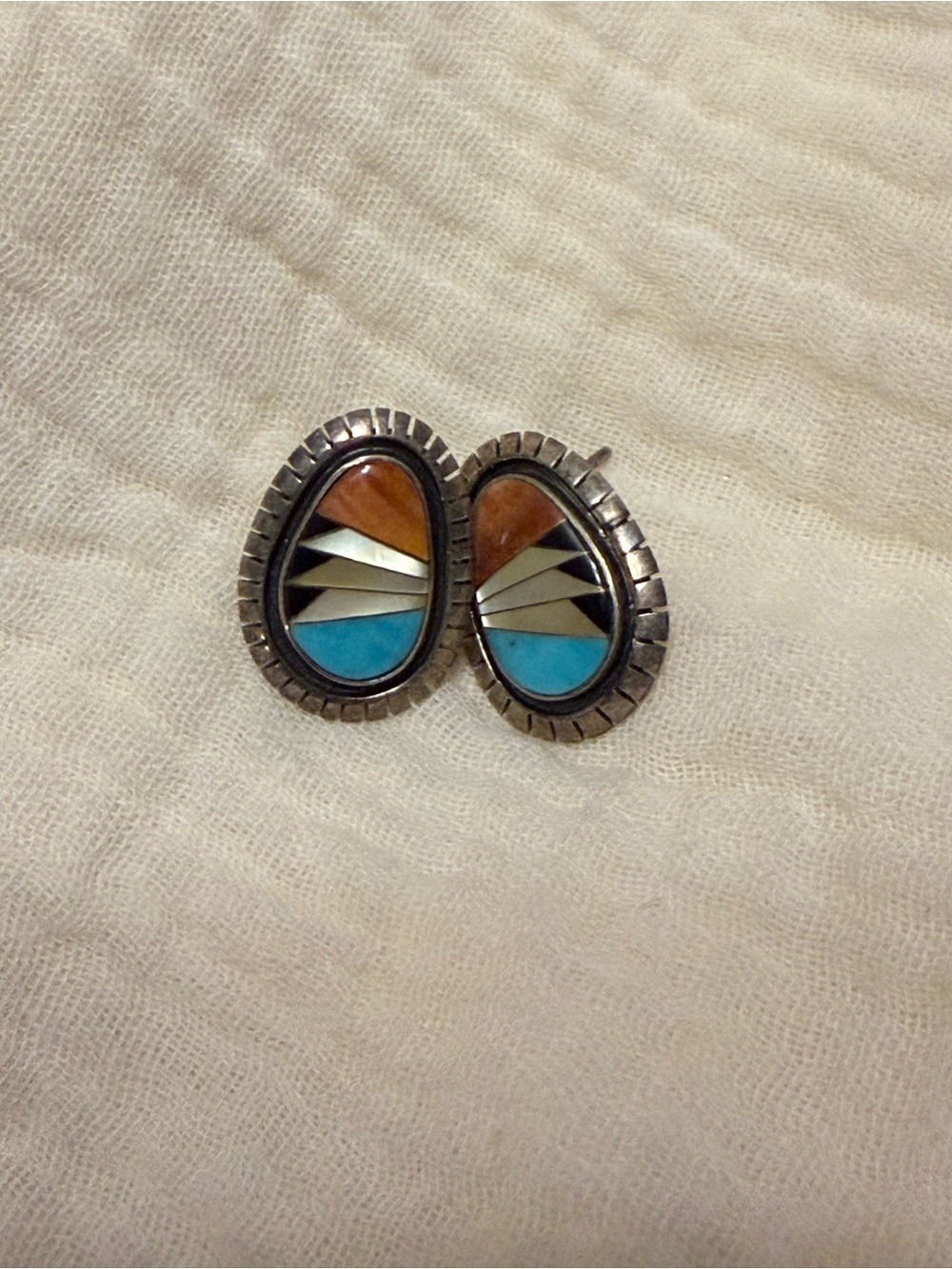 Source Unknown Multicolor Inlay Teardrop Earrings in Turquoise, Brown and Silver